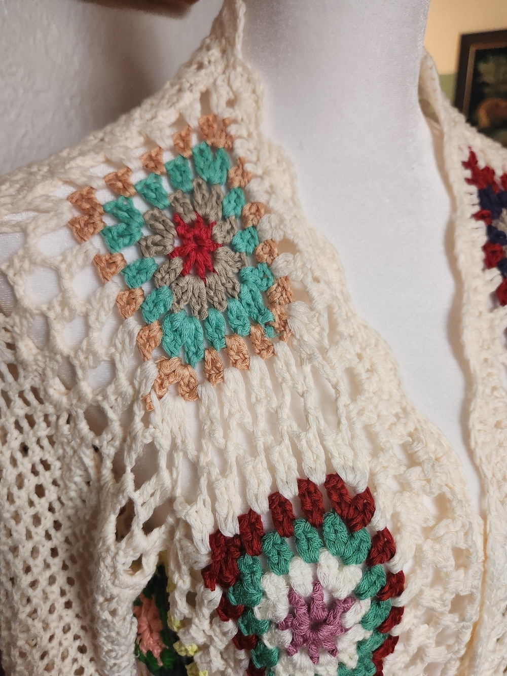 Retro Crochet Granny Square Open-Stitch Cardigan with Boho Rainbow Cuffs - Picture 5 of 8